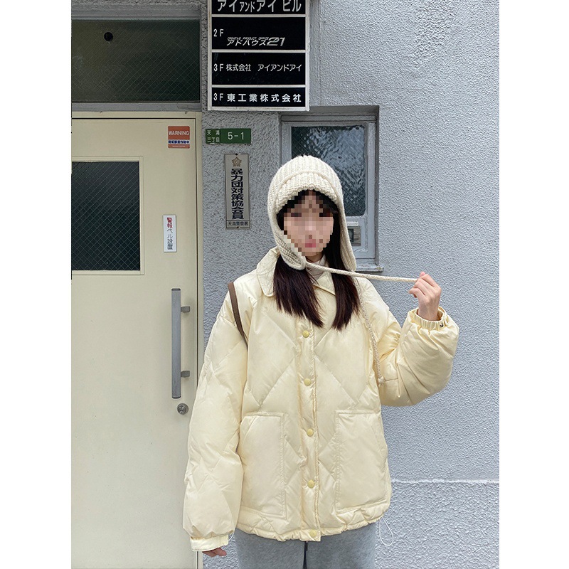 奶兔星球-自制 翻领宽松菱格羽绒服女2024新款冬季小个子面包服