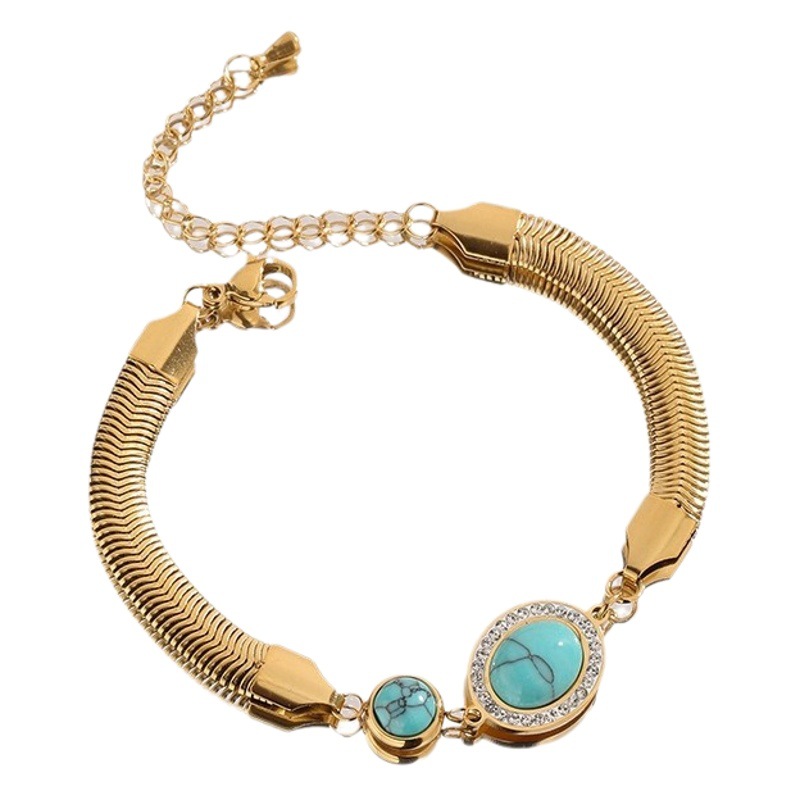 Pulsera de acero de titanio de estilo europeo y americano turquesa con diamantes incrustados ronda ovalada Árbol de la vida ojos amplia serpiente hueso redondo marca serie pulsera