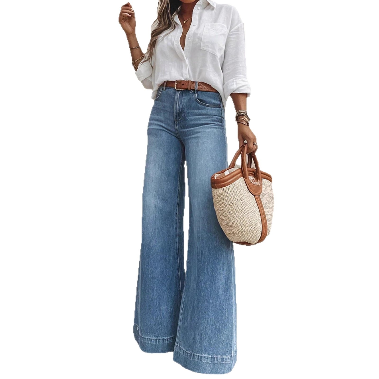 Jeans de Pierna Ancha y Tiro Alto para Mujer en Mezclilla de Algodón con Efecto Lavado image 6