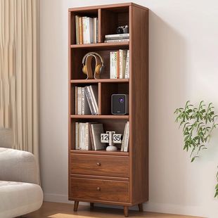 Solid Wood Bookshelf Living Room Floor-To-Ceiling Corner Storage Rack Household Japanese-Style Narrow Cabinet Walnut Color Display Book L^