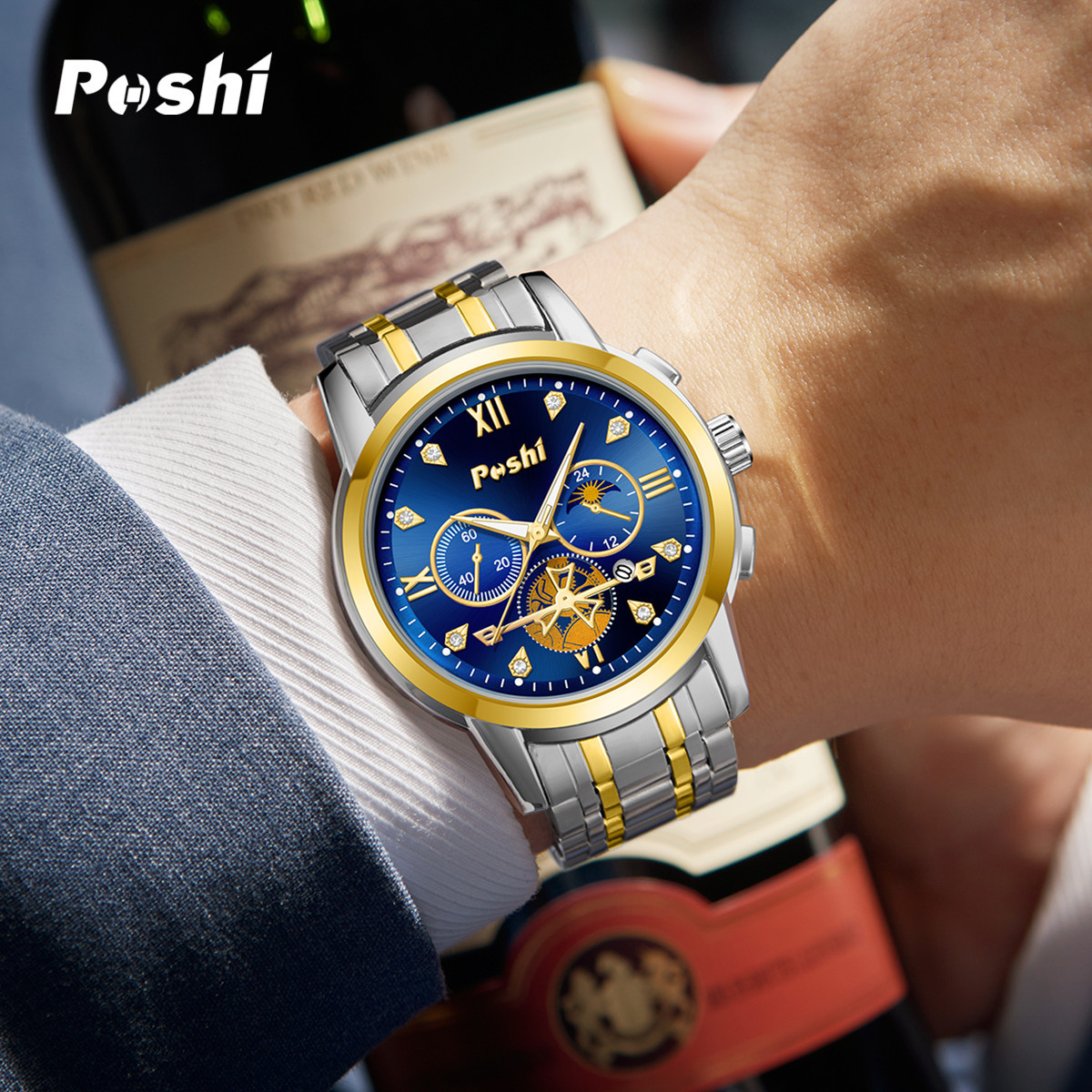 Reloj de la marca POSHI venta caliente transfronteriza multifunción impermeable reloj de cuarzo luminoso no mecánico reloj para hombre