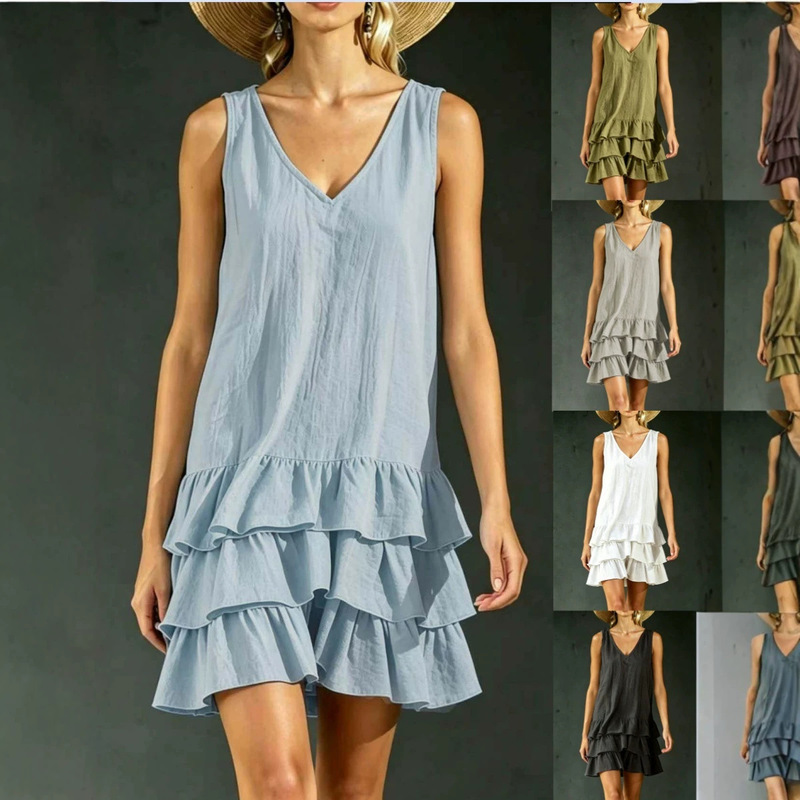 2026 Summer New Amazon Cross-Border Sexy V-Neck Cotton and Linen Women's Fashionable Sleeveless Skirt Women's Summer Dress 2026 Summer New Amazon Cross-Border Sexy V-Neck Cotton and Linen Women's Fashionable Sleeveless Skirt Women's Summer Dress
