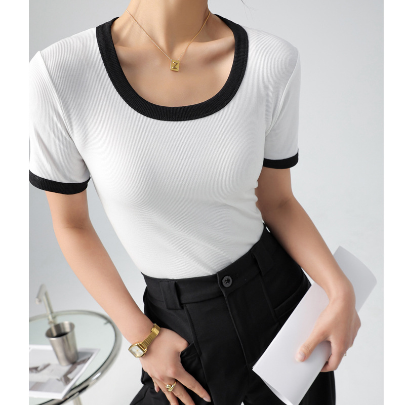 Camiseta de Verano para Mujer, Cuello Redondo, Manga Corta, Bloques de Color, Estilo Moderno, Imitación Algodón, Estilo Francés image 8
