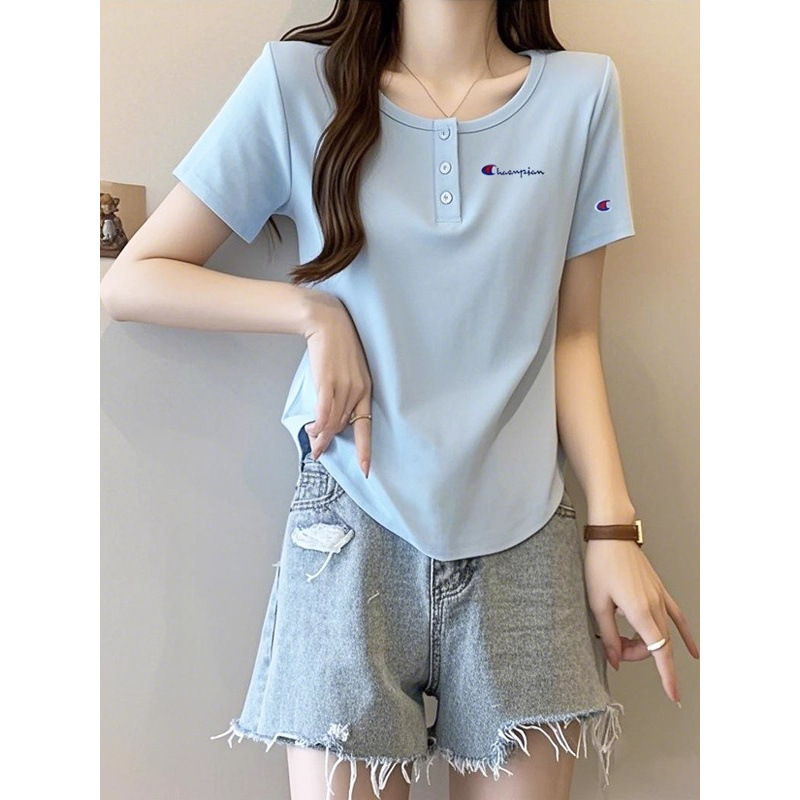 チャンピオンキャプテン刺繍純綿薄手年齢軽減半袖Tシャツ2025夏スリムフィットラウンドネックトップ女性バージョン|undefined