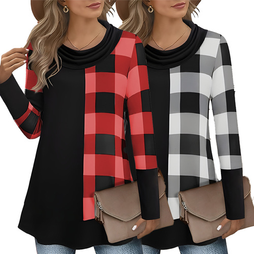 Autumn and winter Europe and America temu independent station supply large size double-collar women's long-sleeved T-shirt