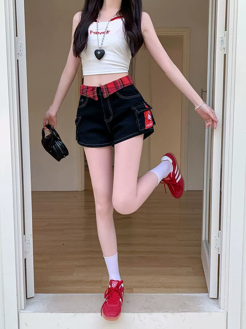 Hello Kitty, denim skirt, shorts, summer trousers, American style, with embroidery, hip-accented