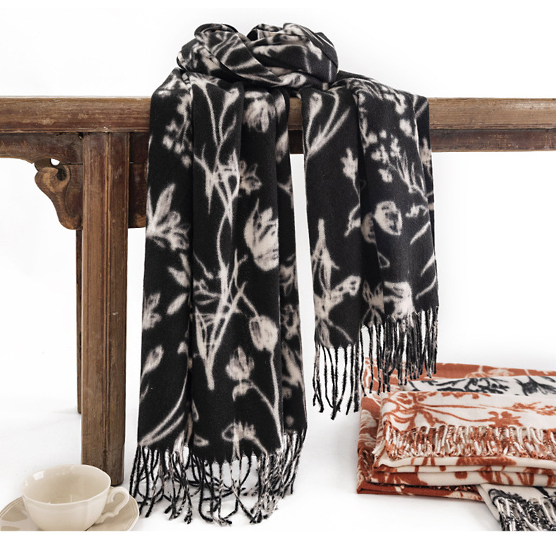 Nnew Cashmere Scarf Women's Cream Sweet Girl Style Autumn And Winter Printed Scarf Korean Version Korean Style Scarf Internet Famous Shawl_voghion.com