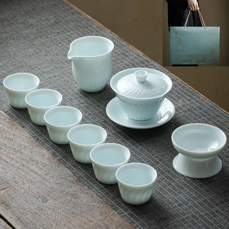 ギフト工夫茶器セット卸売り家庭用ロゴ蓋碗提梁壺開業徳化陶磁器茶器セット|undefined
