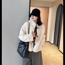 氛围感温暖舒适显瘦牛角扣小立领短款羊羔毛外套女秋冬新