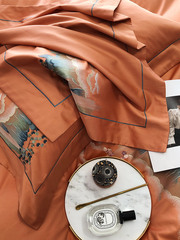 2F中式復古風100支長絨棉全棉四件套田園山水刺繡純棉被套床上用