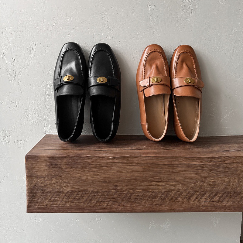 Giày loafer nữ da bò mũi sâu gót vuông thấp phong cách Anh Quốc — màu nâu chi tiết 5