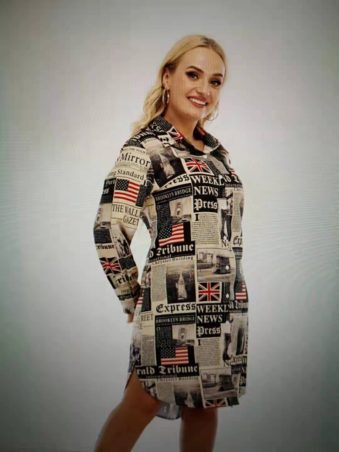 plus size newspaper printed long-sleeved shirt dress nihaostyles clothing wholesale NSCX84792