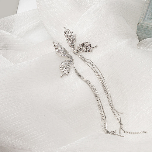 Silver needle personality cool style bumpy texture asymmetric butterfly tassel earrings Hong Kong style liquid butterfly long earrings
