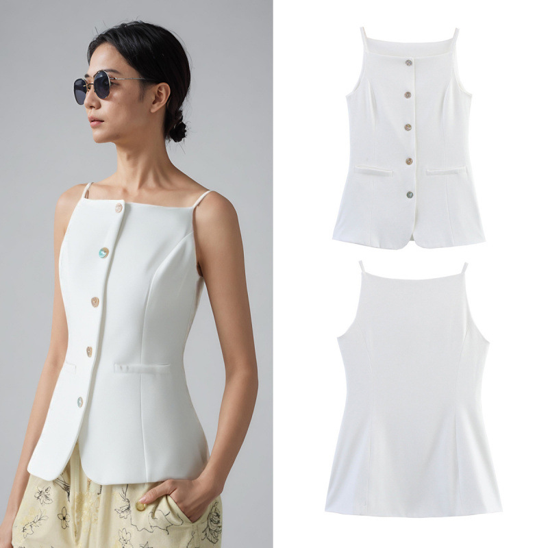 Foreign Trade Cross Wholesale 2025 Summer European and American Fashion Single-Breasted Round Neck Suspender Mid-Length Vest Vest for Women A15041
