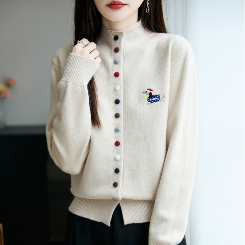 Wool Blend 2026 Spring New Women's Loose Stand-Up Collar Colorful Button Embroidered Top Knitted Cardigan Sweater