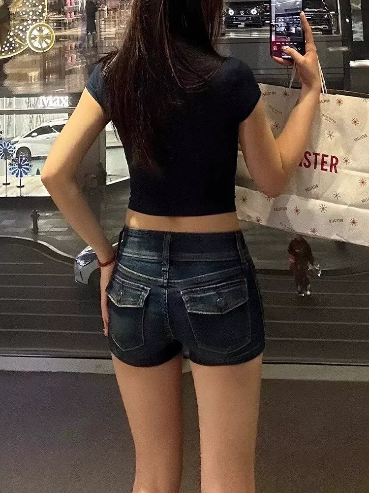 Ретро джинсовые шорты, подчёркнутые бёдра, летние, высокая талия, синие 2–5XL