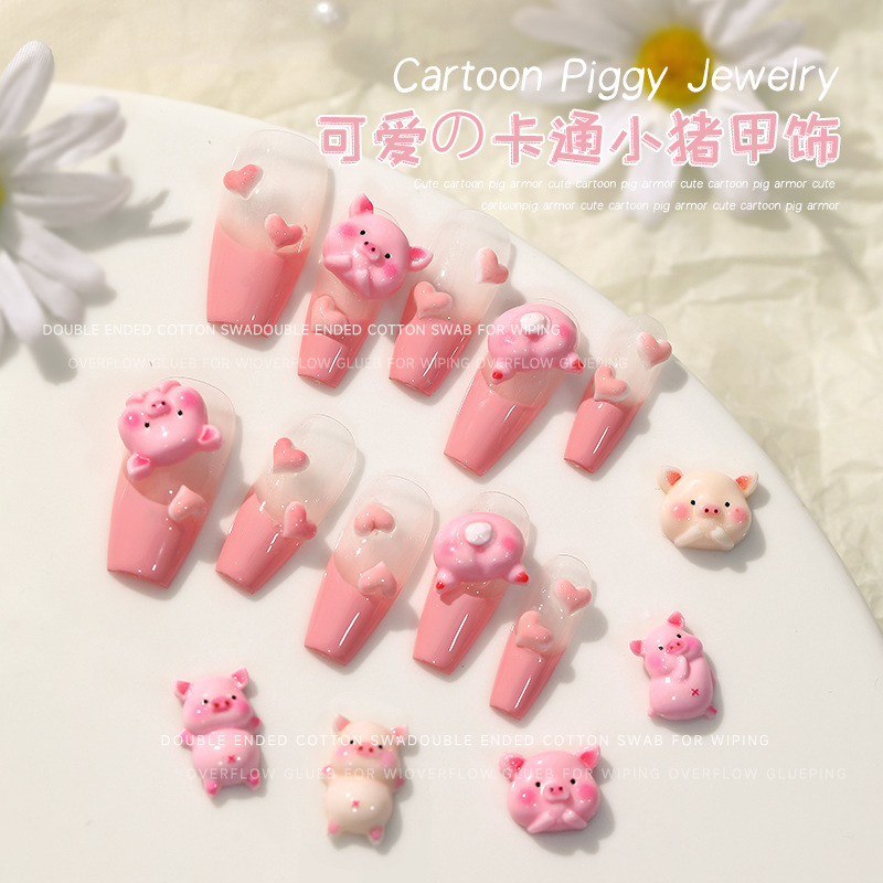 Cartoon pig nail jewelry cute sweet girl heart pink pig three-dimensional resin nail accessories wholesale