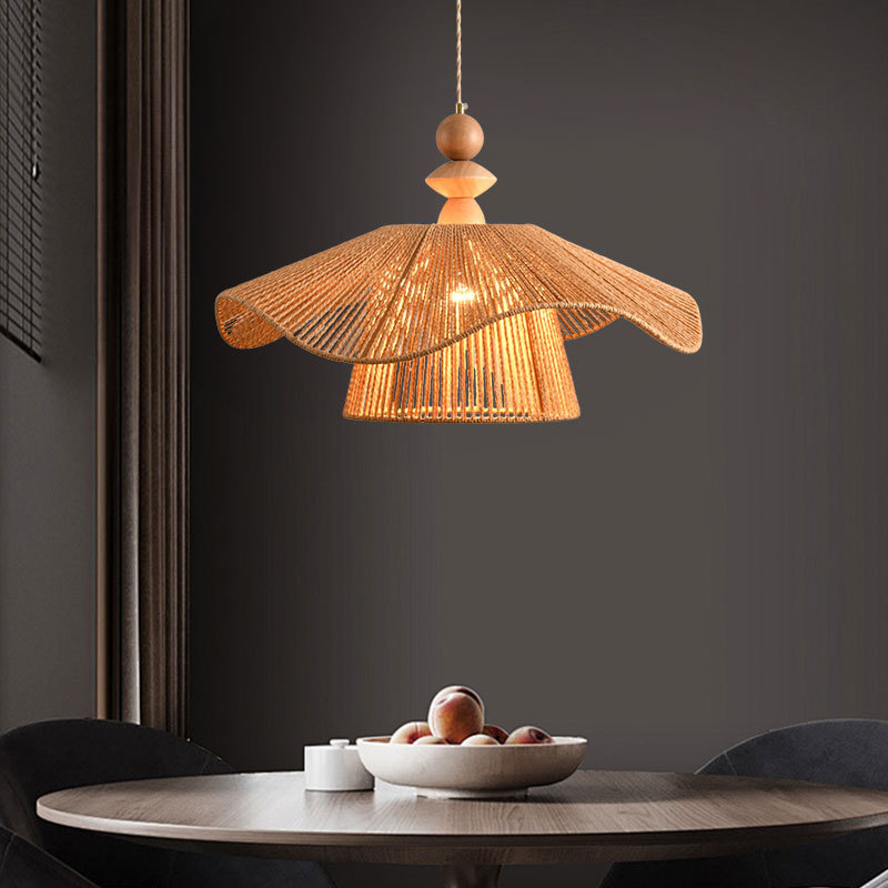 Lámpara del restaurante japonés, viento tranquilo retro dormitorio, lámpara de sombrero de paja, lámpara de cuerda de lino de papel tejida a mano simple