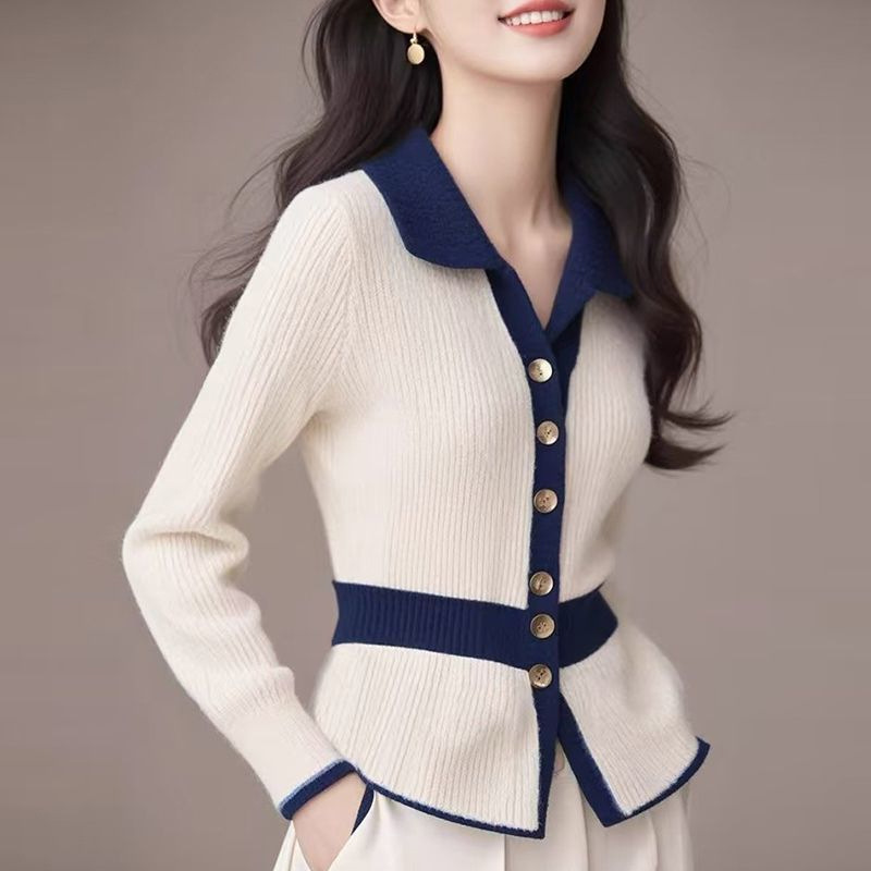 小香风翻领长袖针织衫女2025秋冬设计感撞色收腰显瘦毛衣气质外套|undefined