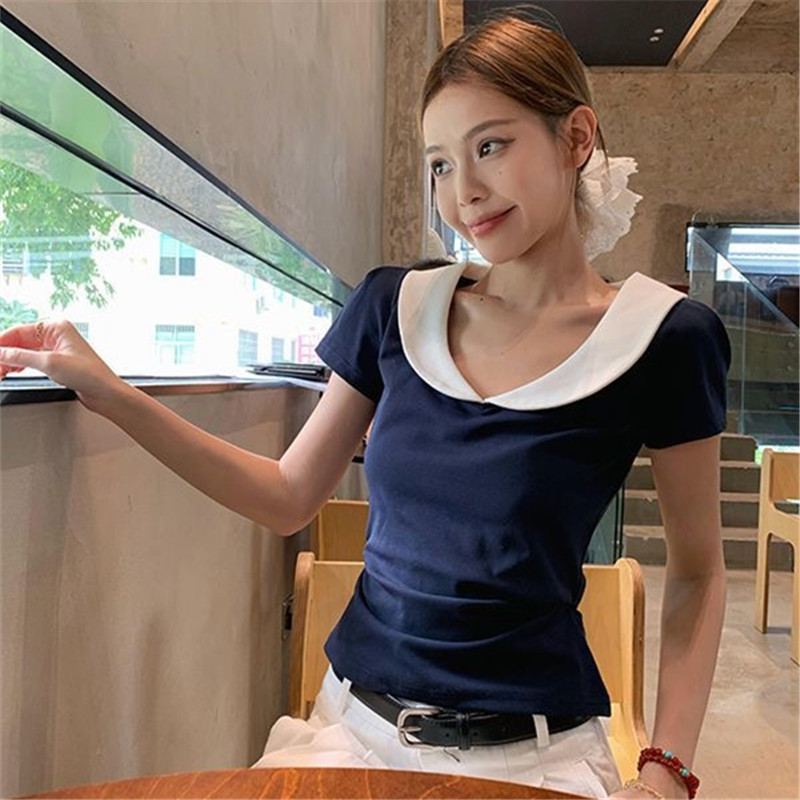 Korean-Style Dark Blue Doll Collar Short-Sleeve T-Shirt for Women, Summer Sweet and Spicy Slim Fit Cross-Border Style Ins