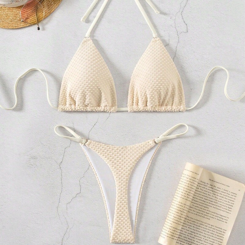 2026 New Swimsuit Pure Color Bikini European and American Sexy Lace-Up Bikini Women's Thong Split Swimsuit