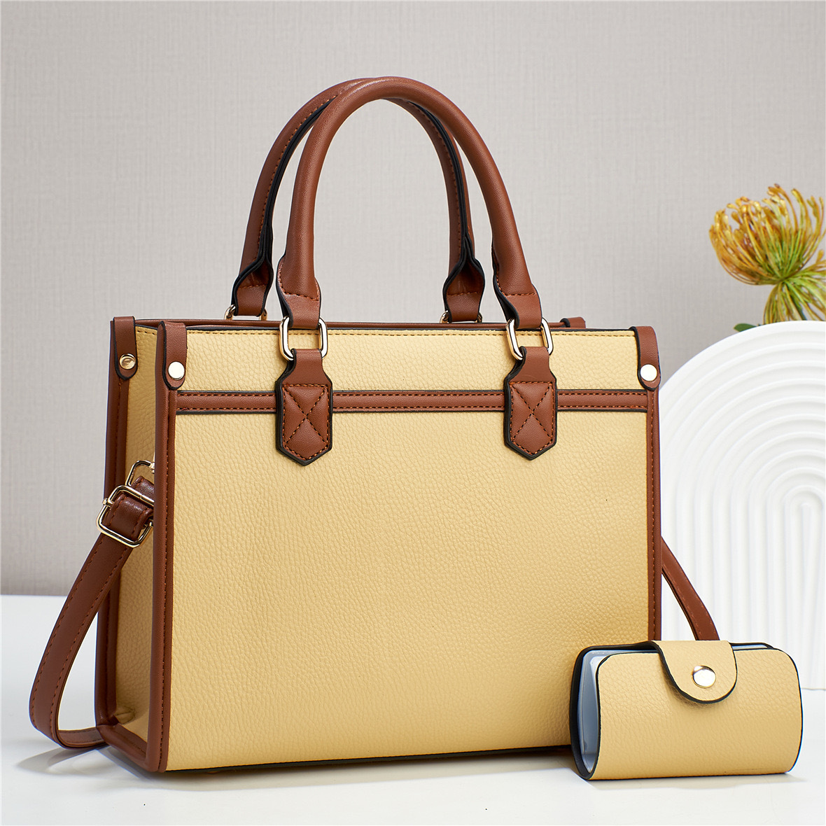 Solid Color Pattern Women's Large Pu Leather Solid Color Classic Style Streetwear Sewing Thread Square Zipper Bag Sets