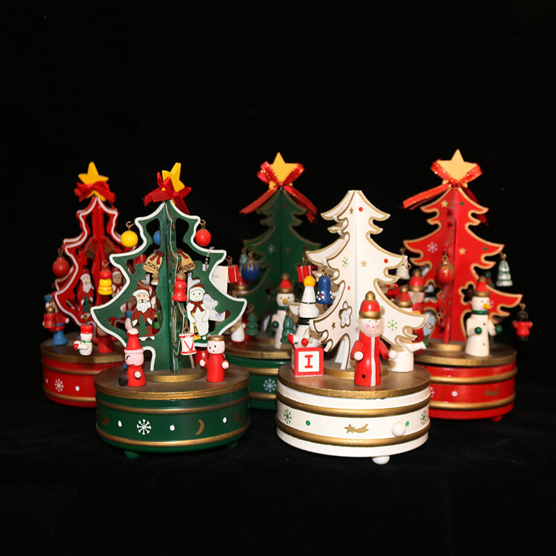 新款圣诞高档八音盒音乐铃旋转树木质摆件儿童幼儿园奖品圣诞礼物