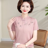 中老年女装夏季冰丝针织短袖风复古旗袍领妈妈装宽松提花上衣，女装针织衫/毛衣，妃慕昵服饰