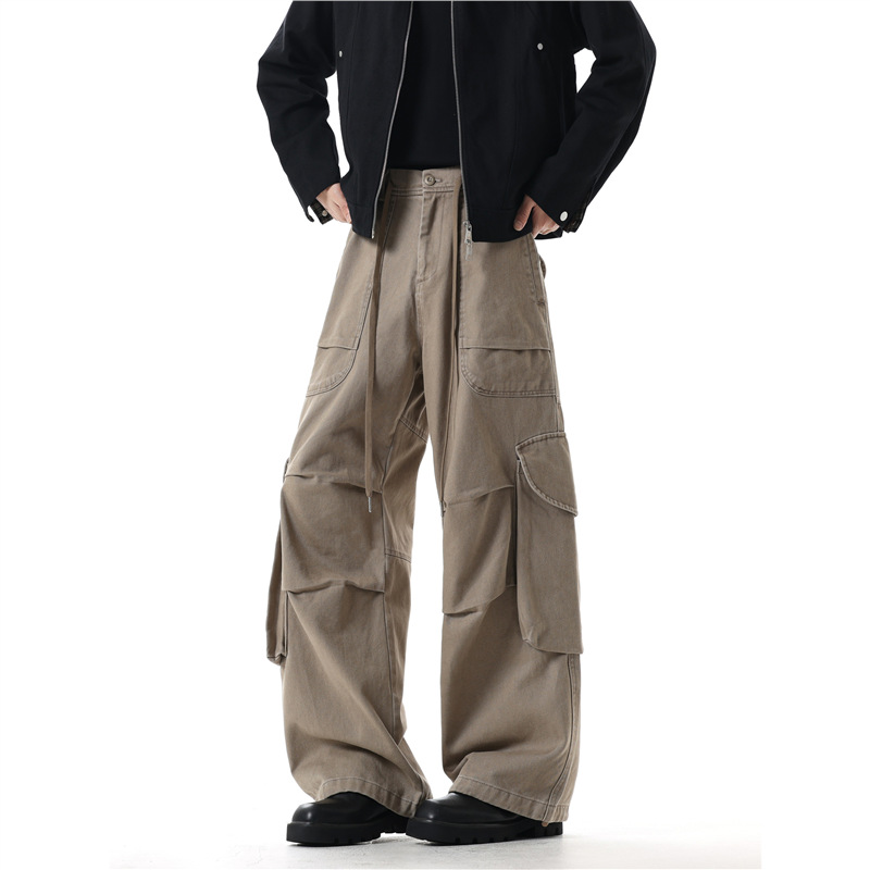 American Retro Loose Brown Cargo Pants for Men Street Fashion Brand Pleated Multi-Pocket Drawstring Straight Wide-Leg Paratrooper Pants