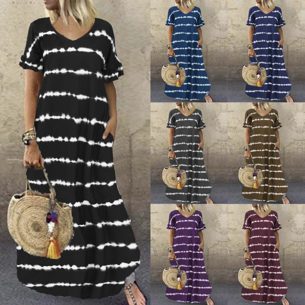 Summer European and American New Dress Wish Cross-Border V Neck Lotus Leaf Sleeve Stripesd Printed Long Skirt Large Size Casual Skirt