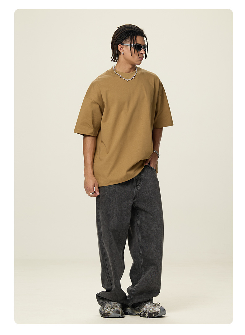 boy RS Fashion|New Cross-Border 350G Heavyweight Pure Cotton Short Sleeve FOG Earth Tone Drop Shoulder Men's T-Shirt_voghion.com