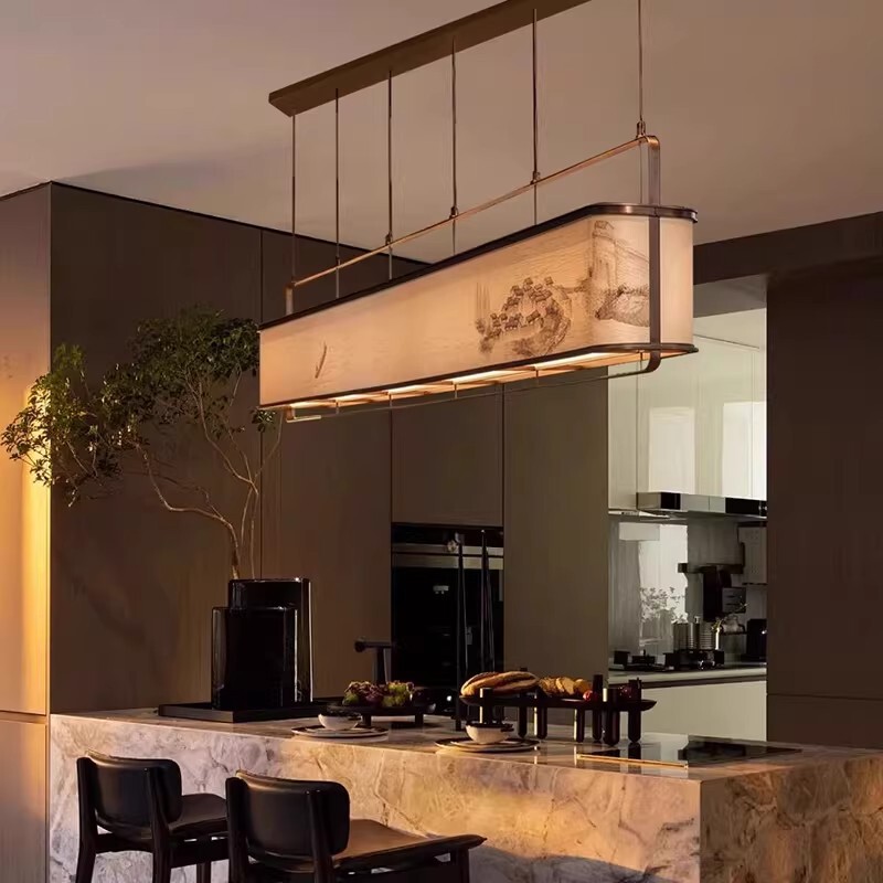 New Chinese-Style Song Dynasty Aesthetic Dining Table Restaurant Chandelier, Long Strip Landscape Painting Fabric Lampshade, Hotel Front Desk Lighting
