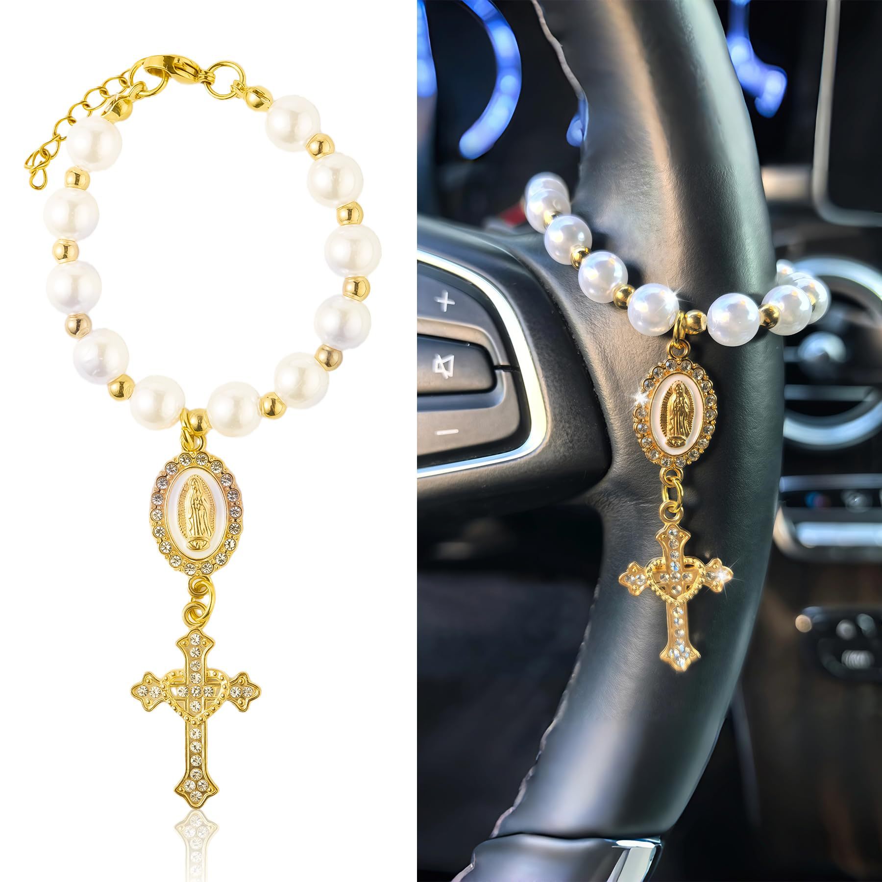 Cross-Shaped Steering Wheel Pendant with Pearl Beads and Diamonds, Golden Portrait Cross Pendant, Pearl Cross Pendant