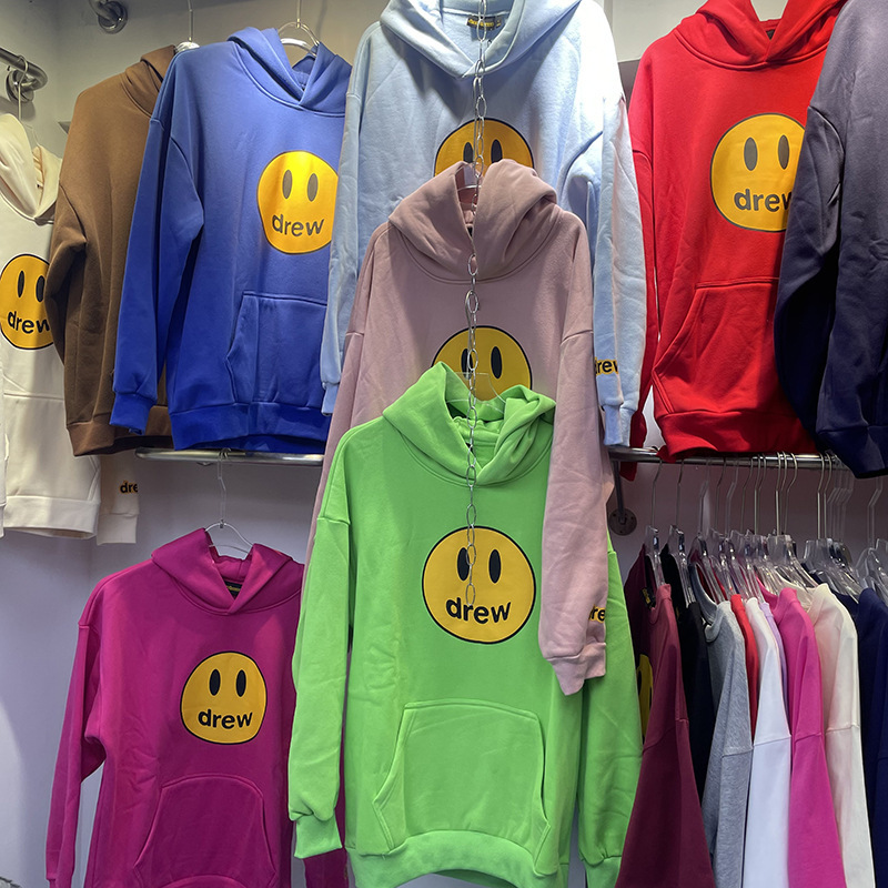 Drew House Justin Bieber Smiley Face Printed Hooded Sweatshirt Heavy Top for Men and Women