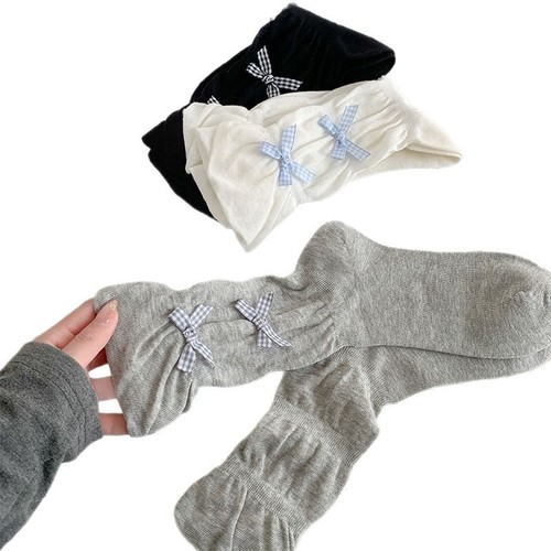 Korean Instagram grid small bow ribbon solid color lace mid-calf puffy socks for girls cute Lolita socks