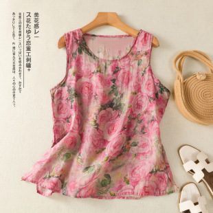 2025 Summer Cotton and Linen Pullover Vest Digitally Printed Slimming Fashionable Versatile Comfortable Classic Vest