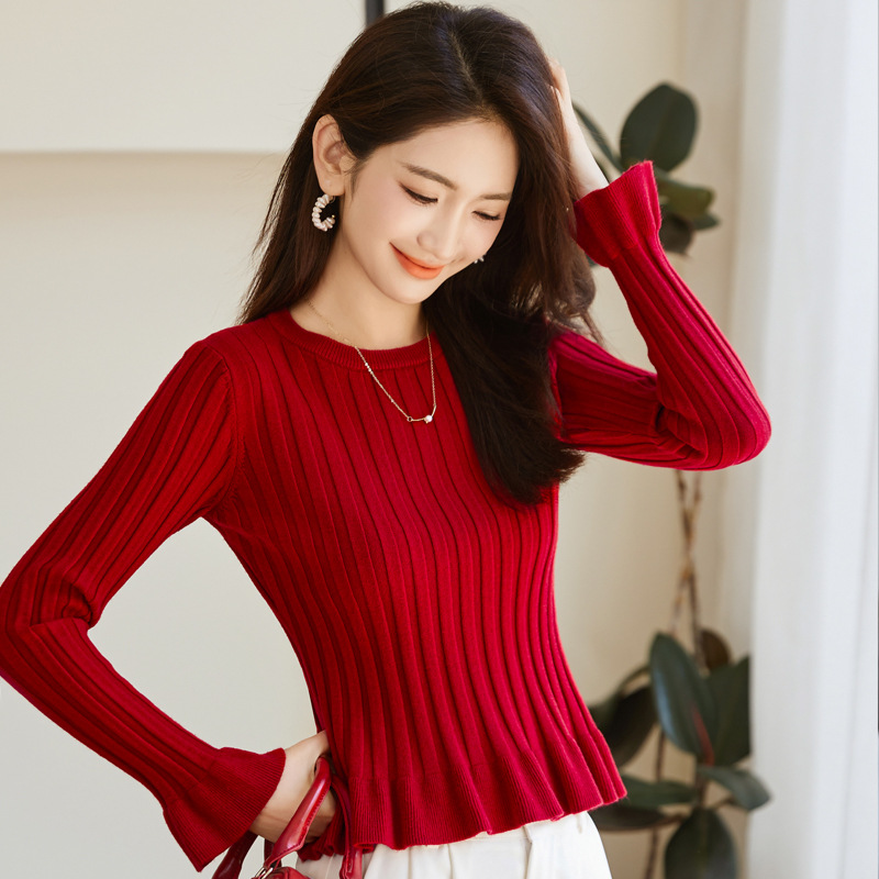 套头短款毛衣女秋冬2025新款小个子修身内搭针织打底衫荷叶边上衣