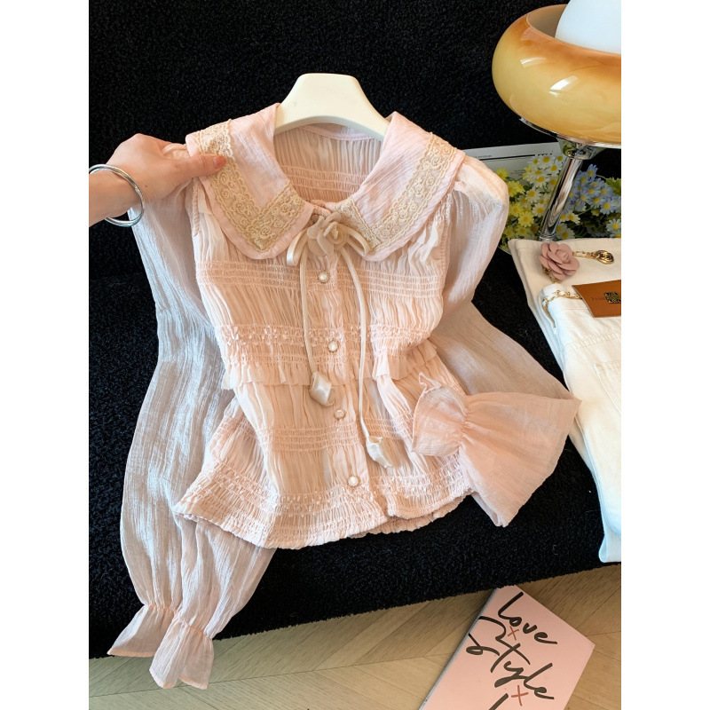 2026 Real Photo Autumn Doll Collar Chiffon Shirt for Women with Lace Collar, 3D Floral Design, Tie-Up, and Puff Sleeves