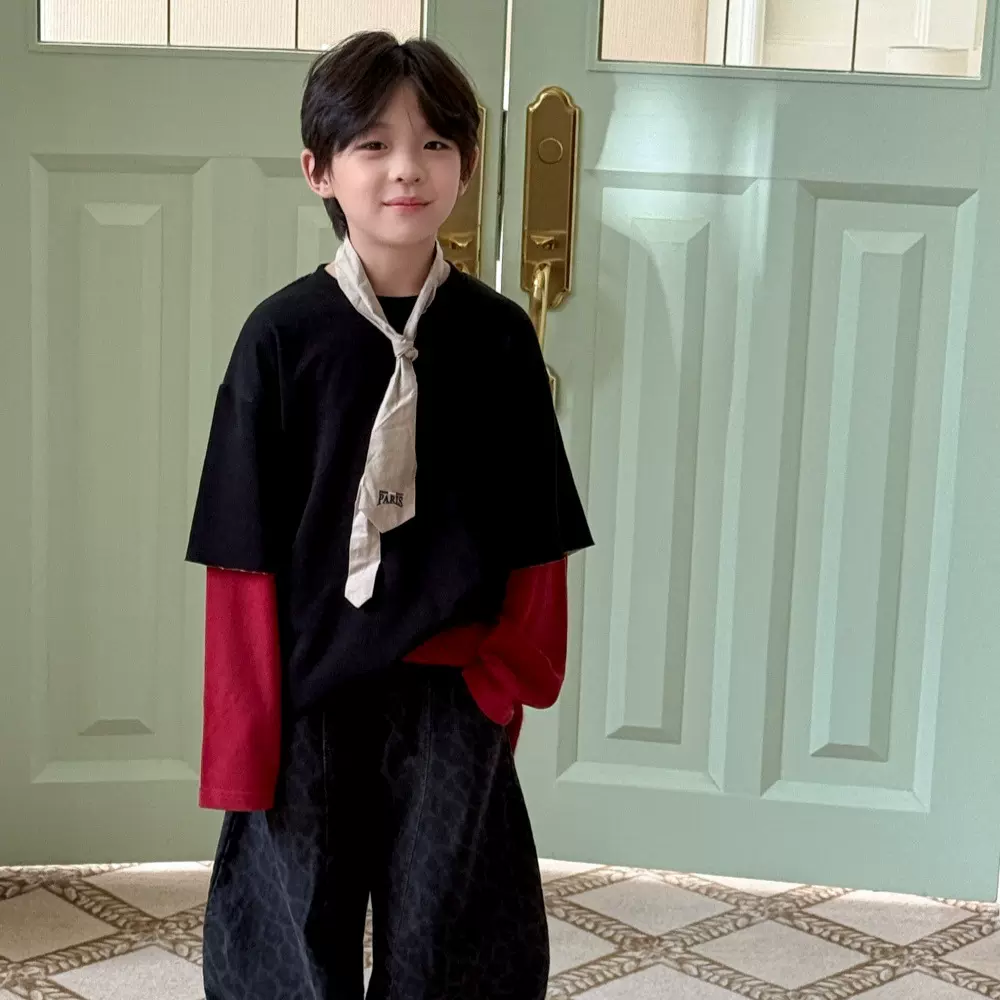 奶酪与喵男童长袖衫2025秋季新款儿童假两件T恤男孩拼色长袖上衣