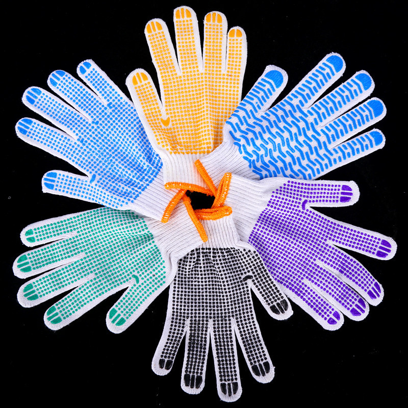 红润棉纱漂白棉纱防滑600g黑绿紫蓝黄点珠手套 胶粒点塑劳保手套