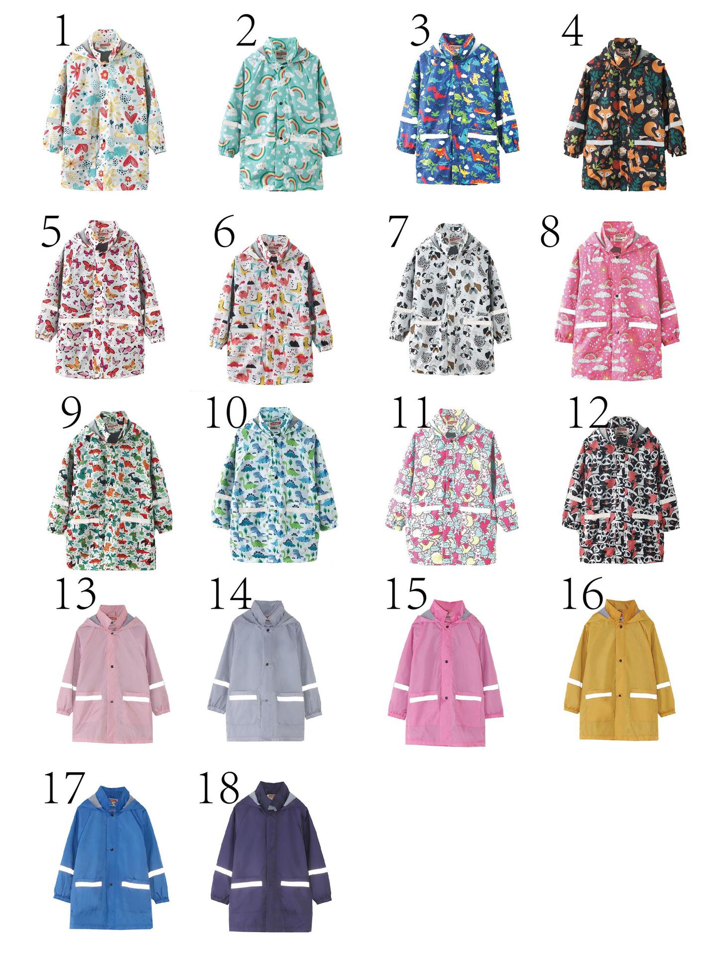 新款雨季中小童雨衣外套可愛印花帶帽中長款帶口袋戶外玩水衝鋒衣