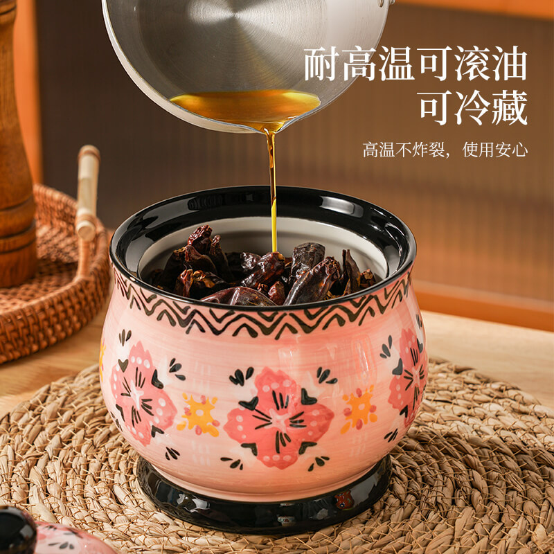 Porcelana pintada a mano esmaltada de color cerámico con sabor, grasa doméstica, grasa de cerdo con cuchara de cubierta, grasa de cerdo resistente a altas temperaturas