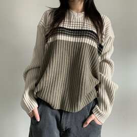 跨境欧美女装V领条纹毛衣长袖宽松拼色休闲针织衫复古宽撞色设计