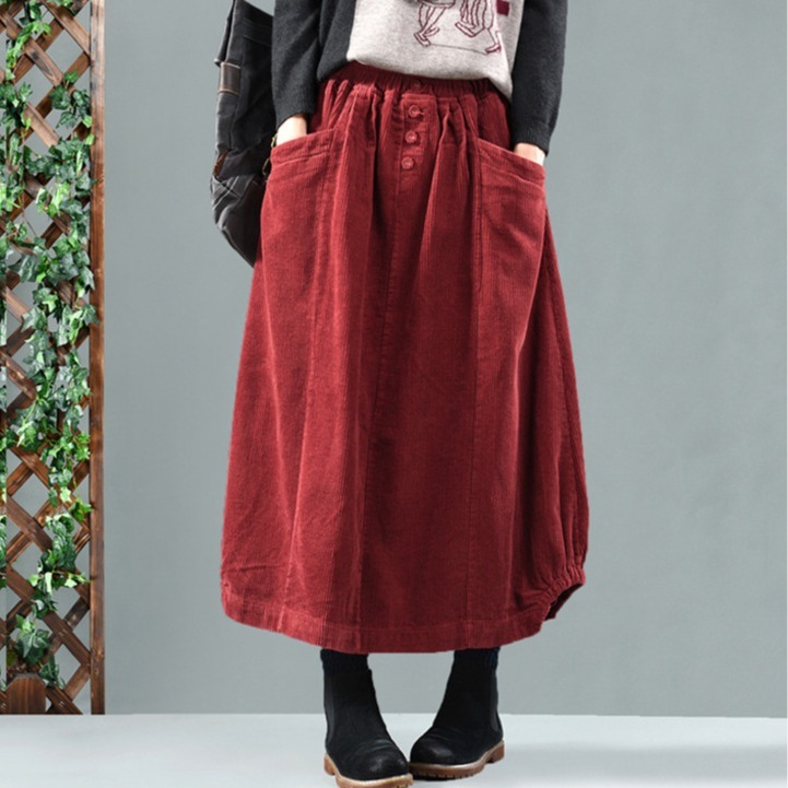 Autumn New retro artistic mid-length versatile stitching corduroy flower bud skirt slimming skirt for women Autumn New retro artistic mid-length versatile stitching corduroy flower bud skirt slimming skirt for women