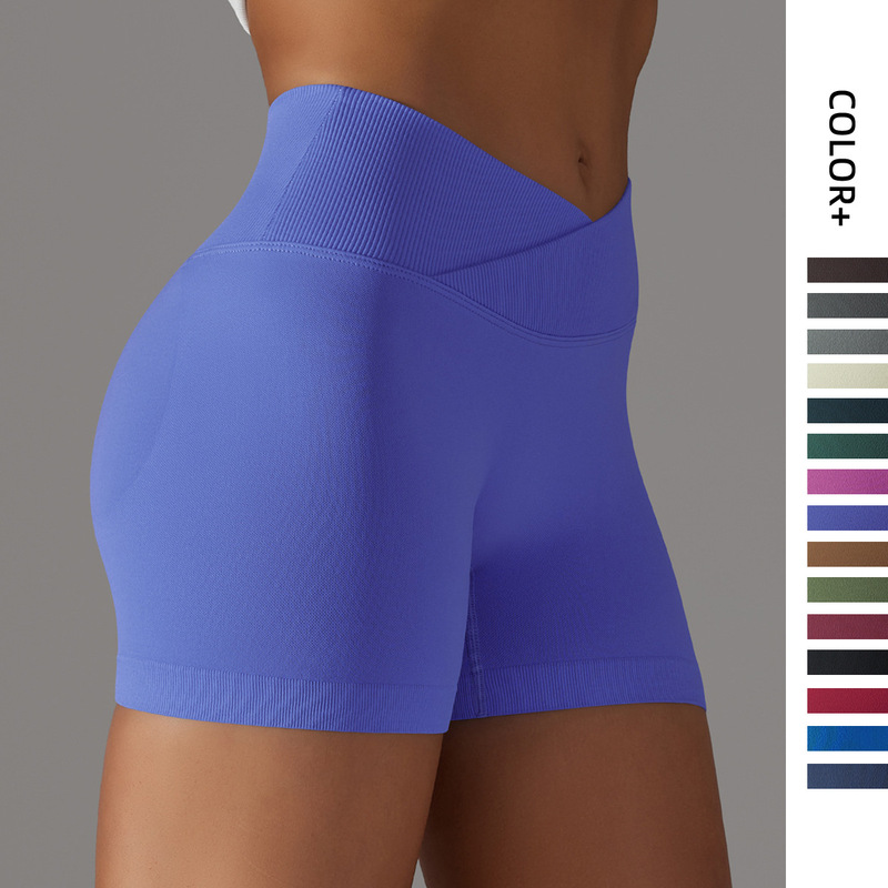 Cross-border European and American Seamless Knitted Breathable Solid Color Cross Waist Peach Hip Yoga Shorts Running Fitness Three-point Pants for Women