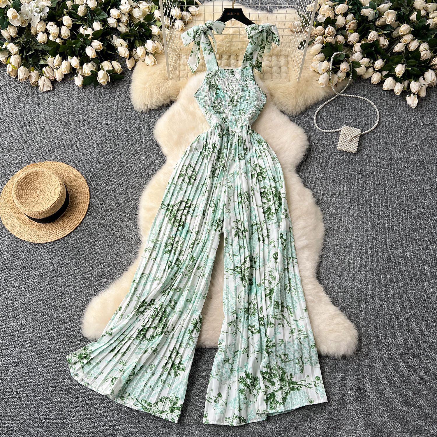 Viajes y vacaciones con mono para mujer, pliegues elásticos de verano, cintura, tirantes florales, pantalones largos de pierna ancha, pantalones de playa