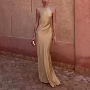 2026 New Model Amazon Foreign Trade Aliexpress European and American Style Gilded Fantasy Champagne Gold Halter Backless Satin Long Dress