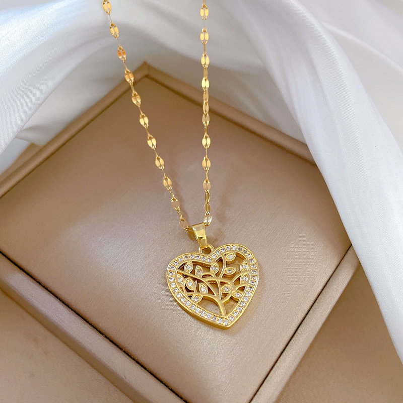 Sweet Heart Shape Stainless Steel Copper Inlay Zircon Pendant Necklace 1 Piece