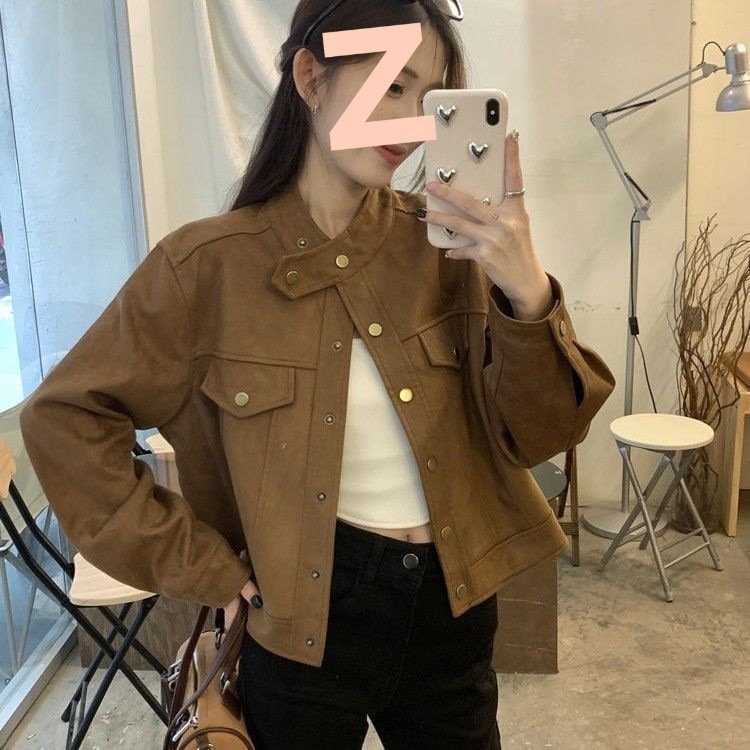 美拉德穿搭立领洋气外套女秋冬高级感复古宽松短款夹克麋鹿皮外套|undefined