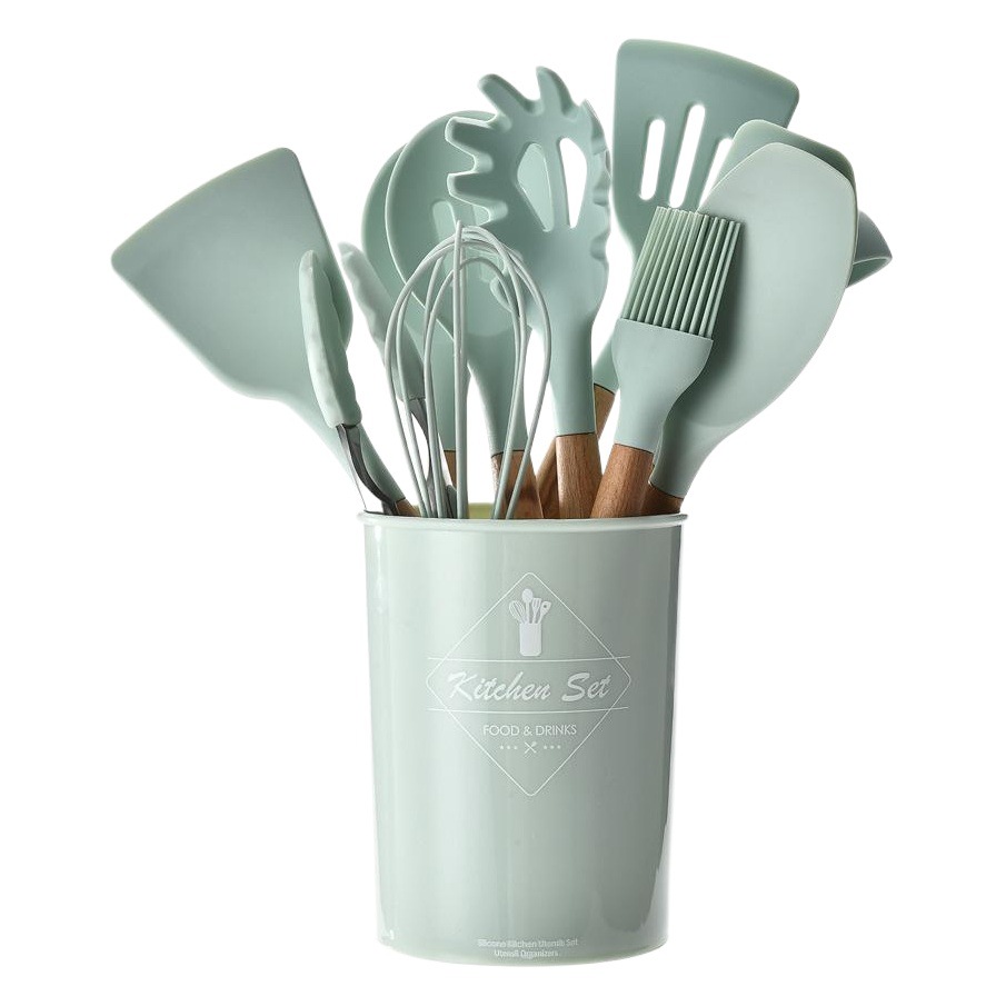 Agua verde barril de almacenamiento mango de madera utensilios de cocina de silicona 11 piezas antiadherente espátula utensilios de cocina traje de cocina